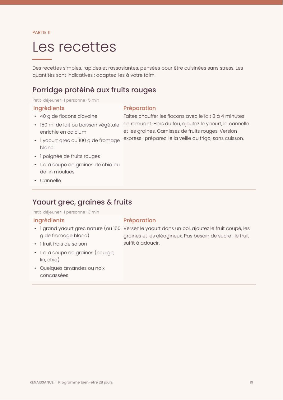 Aperçu de la page des recettes du programme