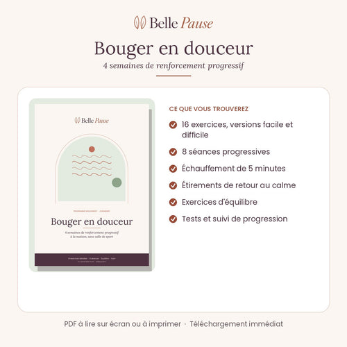 Ce que contient le programme Bouger en douceur : 16 exercices, 8 séances progressives, équilibre et suivi