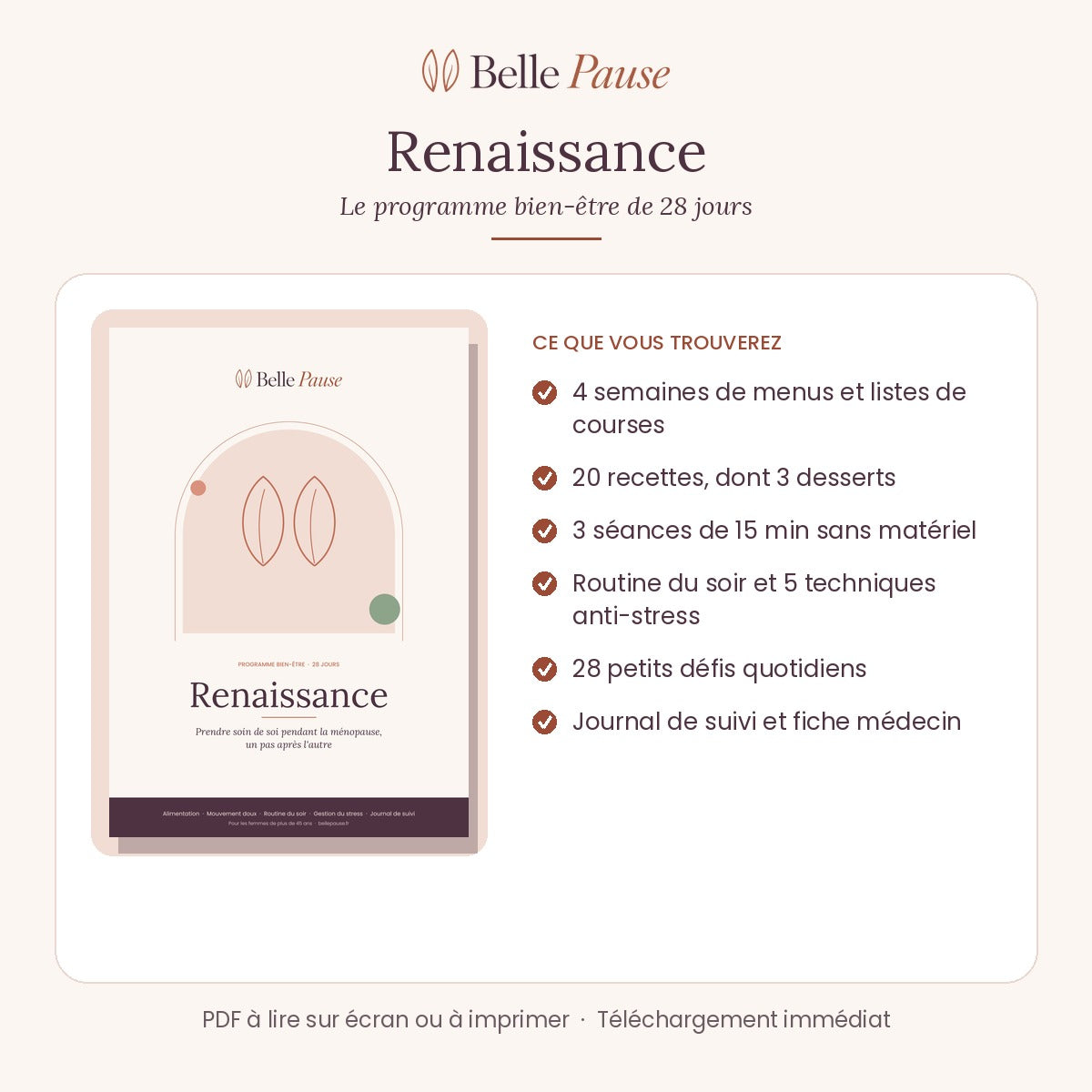 Ce que contient le programme Renaissance : menus, 20 recettes, séances de mouvement, routine du soir, défis et journal de suivi