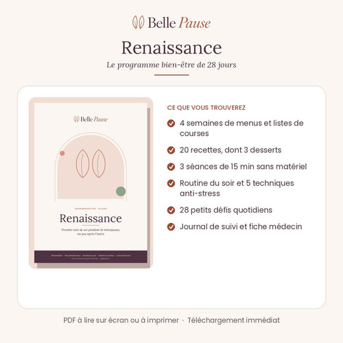 Ce que contient le programme Renaissance : menus, 20 recettes, séances de mouvement, routine du soir, défis et journal de suivi